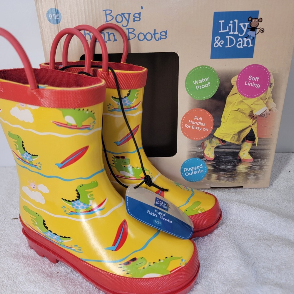 Lily & Dan Kids Yellow Rain Boots Size 9/10 Waterproof Soft Lining Dinosaurs NEW